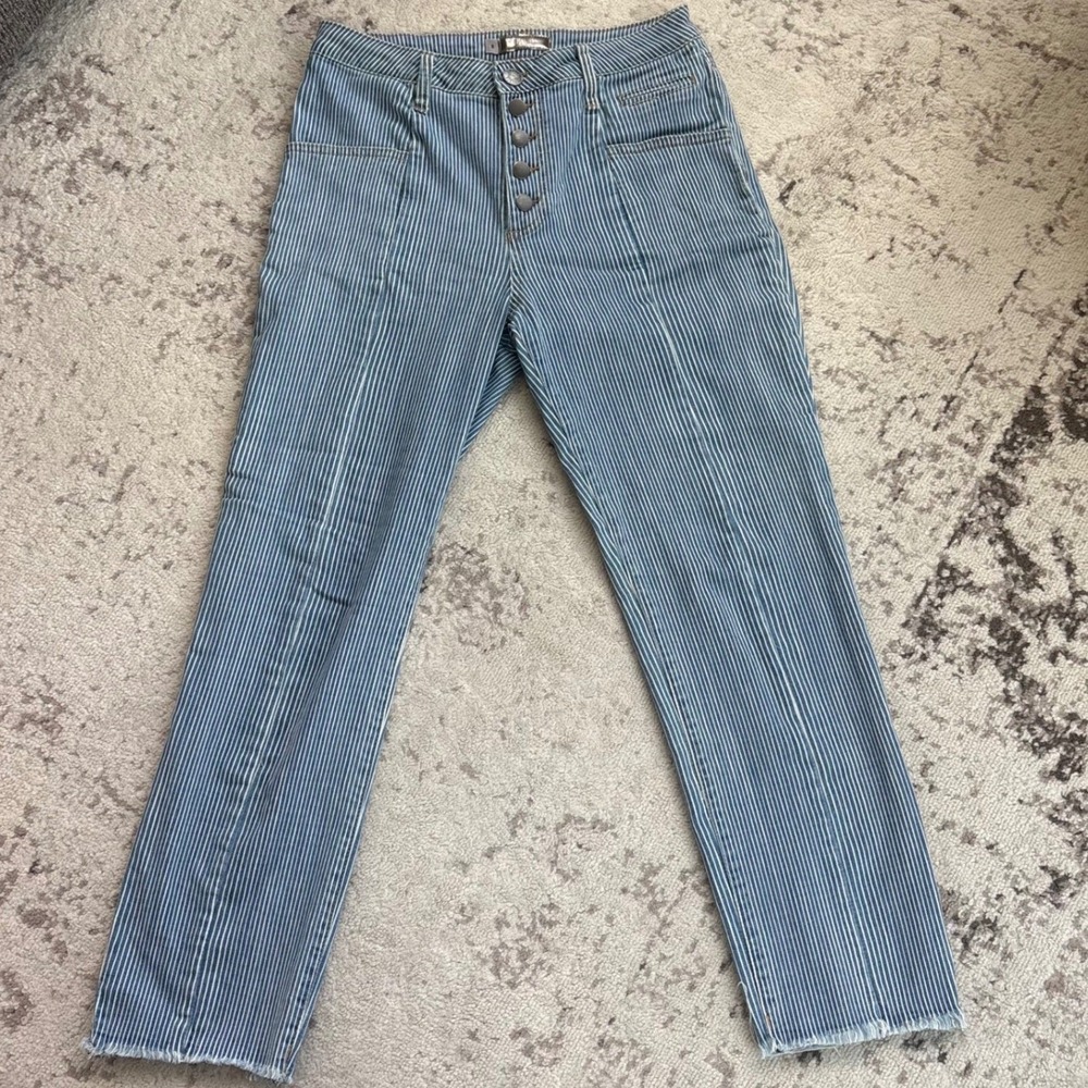 Kut from the Kloth Reese Striped High Rise Ankle Straight Leg Jeans Blue White 8